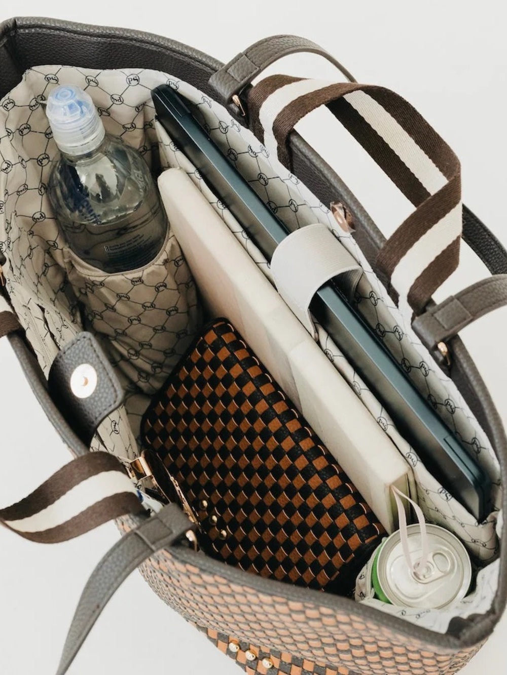 Pretty Simple Woven Tiffany Organizer Tote Bag Vegan Leather Checkered Black - Picture 8 of 9
